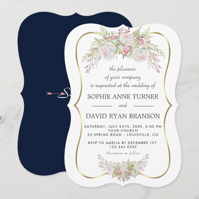 Invitación Moda Boda de oro azul de la Marina rosa blanca (Anverso / Reverso)