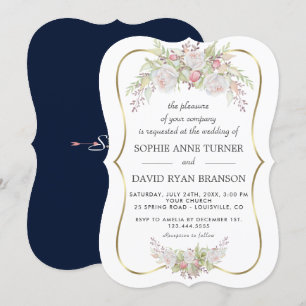 Invitación Moda Boda de oro azul de la Marina rosa blanca