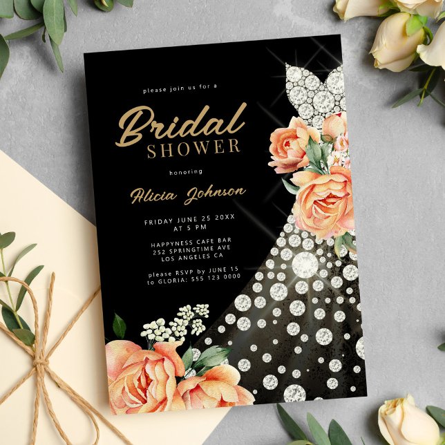 Invitación Moda boda de oro floral traje negro ducha de novia (Subido por el creador)