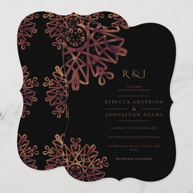 Invitación Moda Boda de patrón ornamental negro y dorado (Anverso / Reverso)