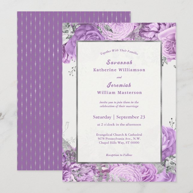 Invitación Moda Boda de Personalizable floral Lilac Silver (Anverso / Reverso)