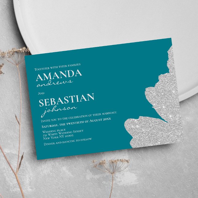 Invitación Moda boda de pinceladas de purpurina de plata cyan (Chic deep cyan silver glitter brushstrokes wedding)