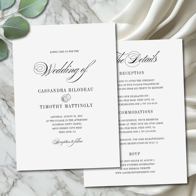 Invitación Moda Boda de presupuesto de escritura blanca todo  (All-in-one version of elegant romantic script wedding invitation with customizable details on back)