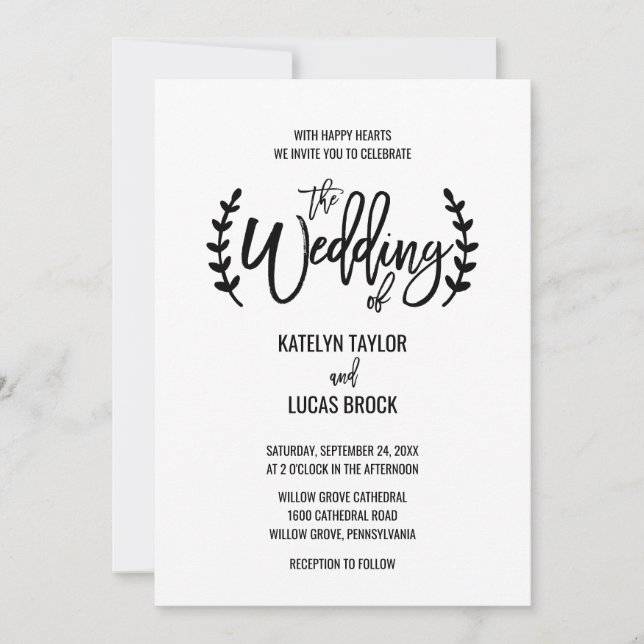 Invitación Moda Boda de ramas de olivo blancas negras (Anverso)
