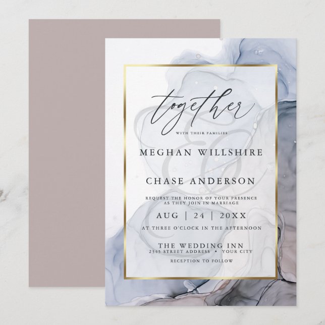 Invitación Moda Boda de tinta de alcohol azul turbio (Anverso / Reverso)