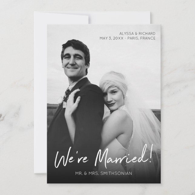 Invitación Moda Boda de tipografía fotográfica en blanco y ne (Anverso)