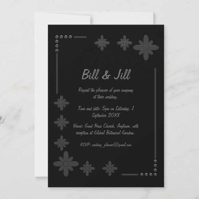 Invitación Moda Boda del marco plateado floral negro (Anverso)