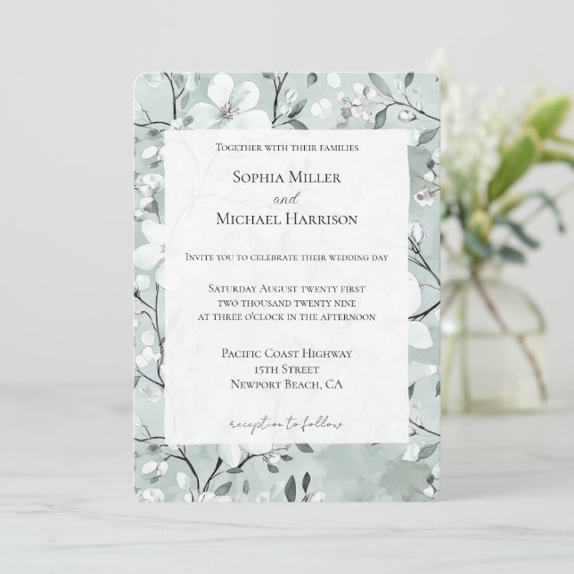 Invitación Moda Boda Floral Azul Azul (Anverso de pie)