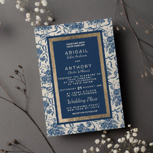 Invitación Moda Boda floral azul de la moderna Marina de Marf
