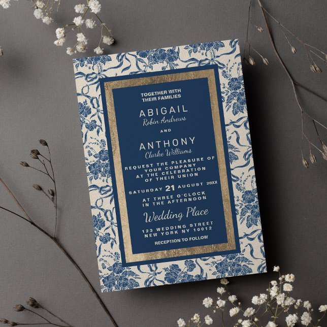 Invitación Moda Boda floral azul de la moderna Marina de Marf (Chic Modern Vintage Ivory Navy Blue Floral Wedding)