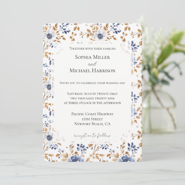 Invitación Moda Boda floral azul romántico (Anverso de pie)