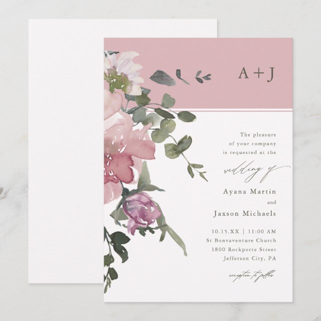 Invitación Moda Boda floral de acuarela rosa (Anverso / Reverso)