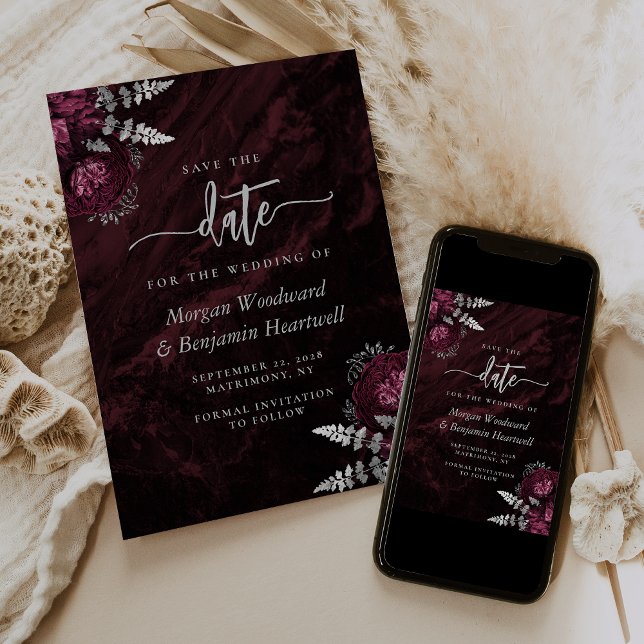 Invitación Moda Boda floral de borgoña salva la fecha (Subido por el creador)