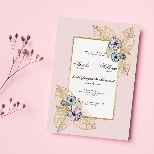Invitación Moda boda floral de menta rosa de oro tropical bla (Chic white tropical gold pink mint floral wedding)