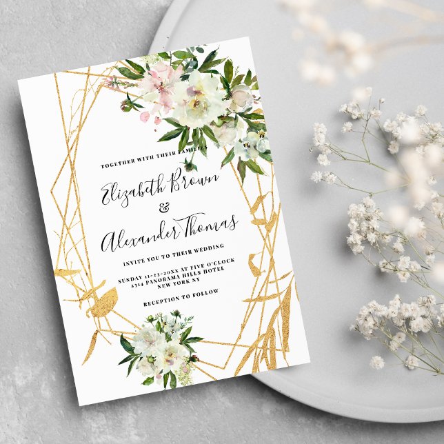 Invitación Moda boda floral de oro de peonía blanca (Chic white peony gold terrarium floral wedding)