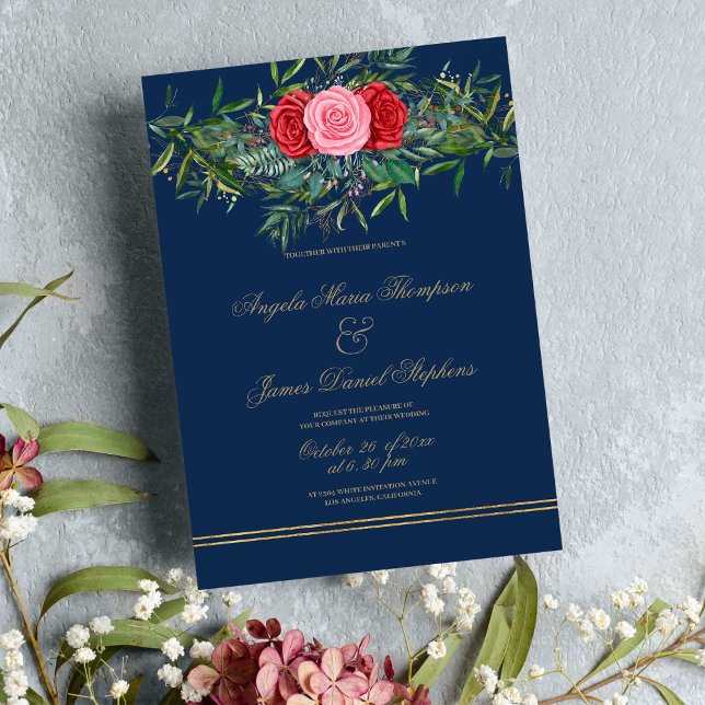 Invitación Moda boda floral de oro rojo rosa azul marino (Chic Navy blue pink red green gold floral wedding)