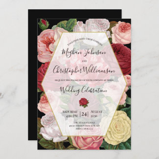 Invitación Moda Boda Floral de Rosas Geométricos Vintage Negr