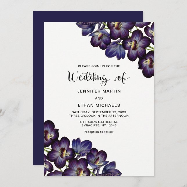 Invitación Moda Boda floral morado oscuro (Anverso / Reverso)