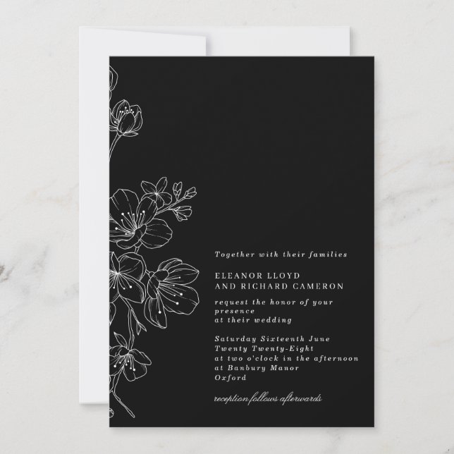 Invitación Moda Boda floral negro y blanco (Anverso)