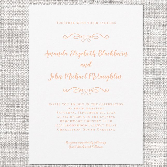 Invitación Moda Boda formal clásica elegante y blanca (Classic Elegant Peach & White Formal Wedding Chic Invitation)