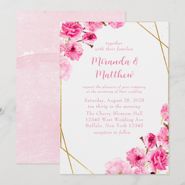 Invitación Moda Boda geométrico con flores de cerezo rosa (Anverso / Reverso)