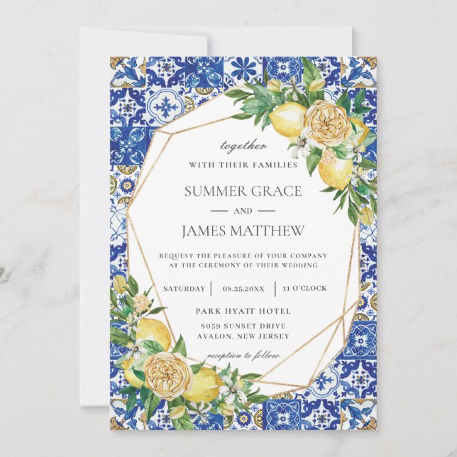 Invitación Moda Boda geométrico de vegetación floral de limón (Anverso)
