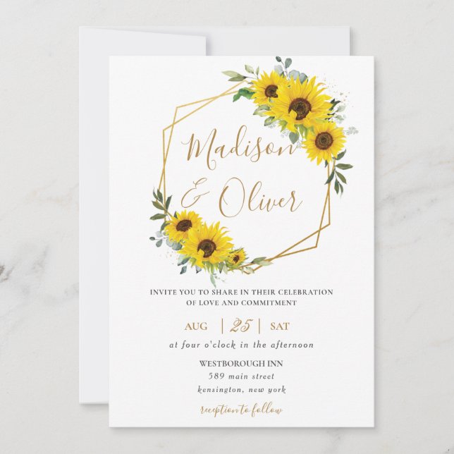 Invitación Moda Boda Geométrico Floral Gold de girasol (Anverso)