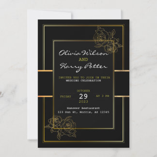 Invitación Moda Boda simple negro, blanco y dorado