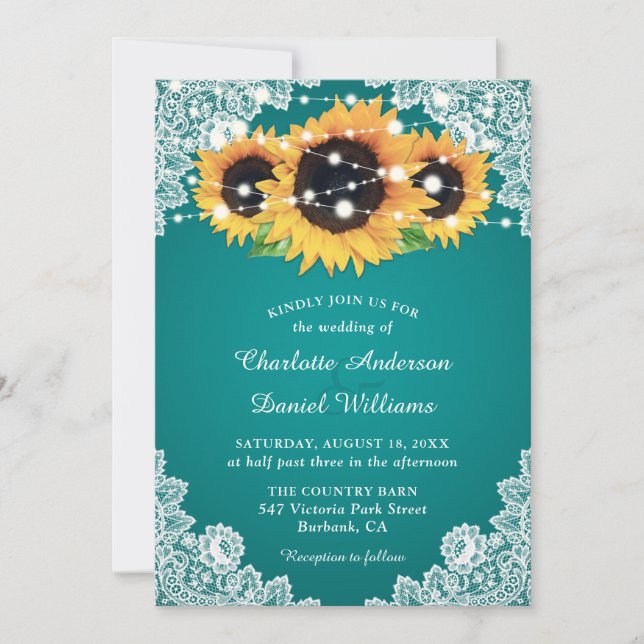 Invitación Moda Boda Verde azulado de girasol (Anverso)