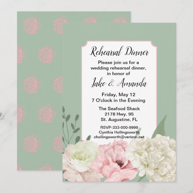 Invitación Moda Boda Verde Ensayo Cena (Anverso / Reverso)