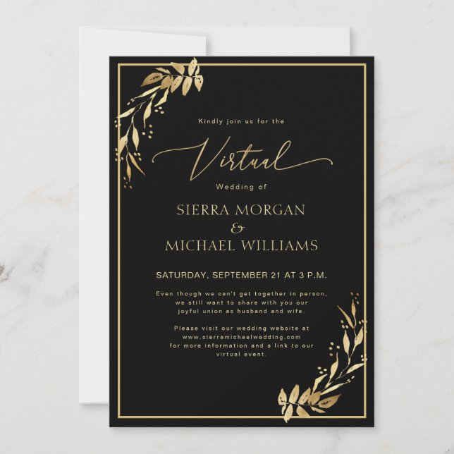 Invitación Moda Boda virtual moderna Foliage dorado negro (Anverso)