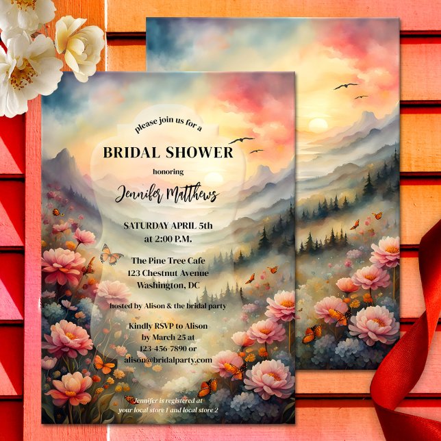 Invitación Moda Boho acuarela Floral Bridal Shower (Bridal shower invite showing a romantic watercolor landscape with colorful flowers and butterflies)