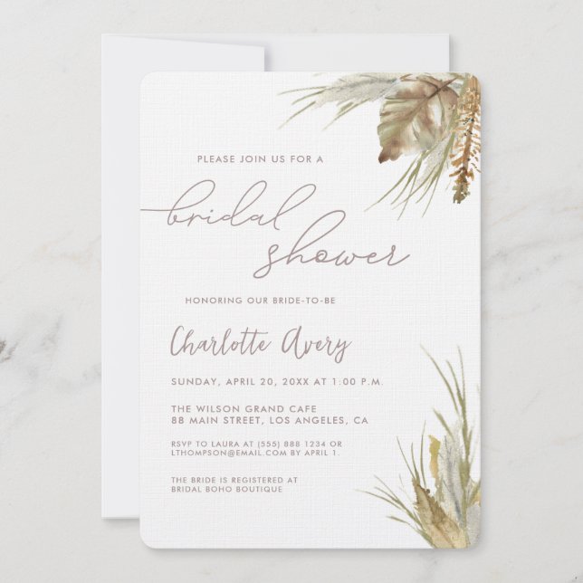 Invitación Moda Boho acuarela Pampas césped Ducha de novias (Anverso)