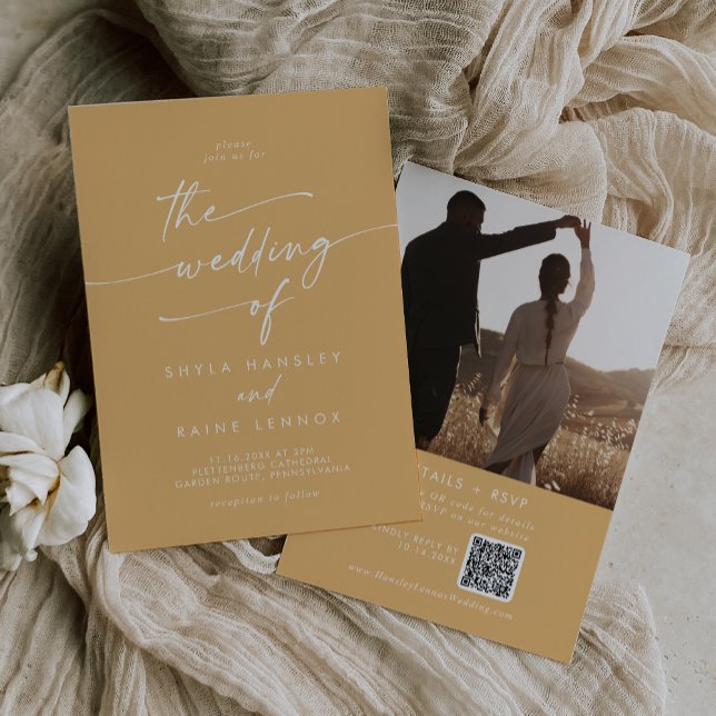 Invitación Moda Boho Amarillo Marigold Foto Boda de código QR (Boho Chic Yellow Marigold Photo QR Code Wedding Invitation)