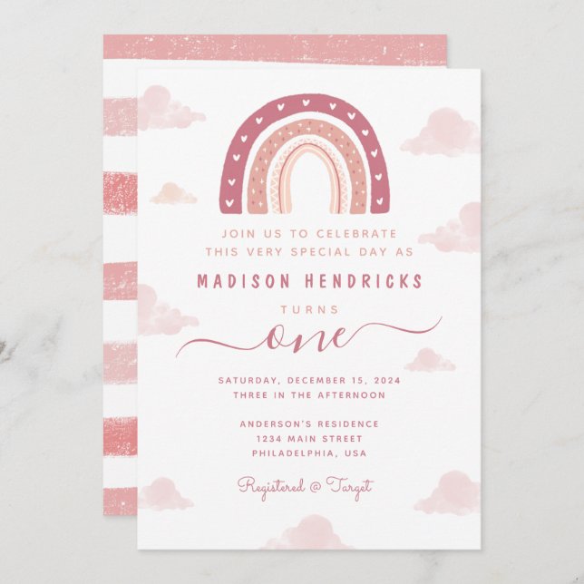 Invitación Moda Boho Arcoiris y nubes Pastel Cumpleaños Rosa (Anverso / Reverso)