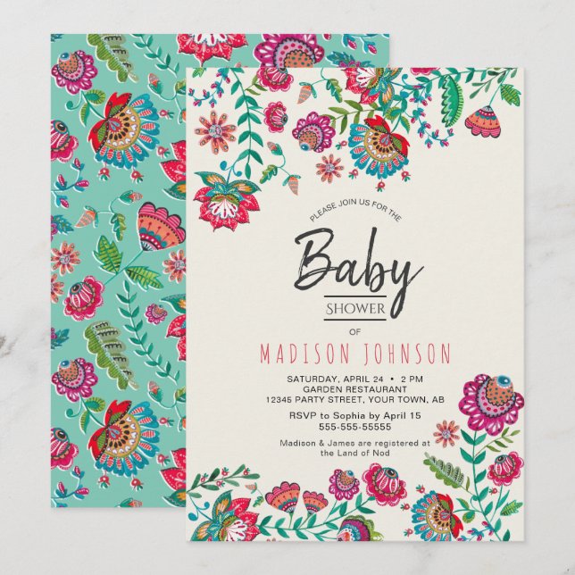 Invitación Moda Boho | Azul | Flores populares | BABY SHOWER (Anverso / Reverso)