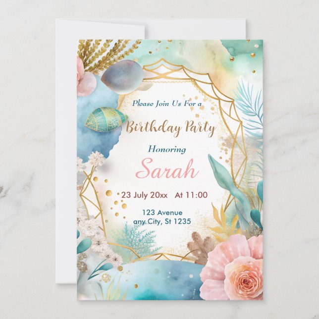 Invitación moda boho azul oro acuarela cumpleaños (Anverso)