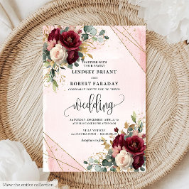 Invitación Moda Boho Boda de Flores Blancas Oro Rojo Profundo