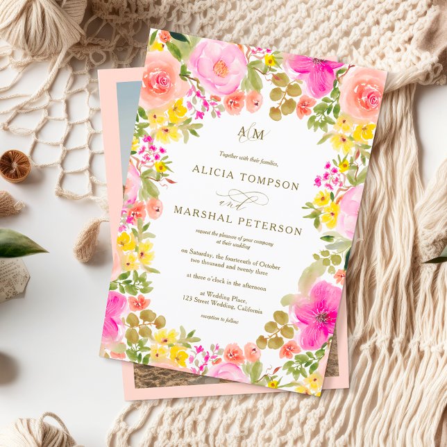 Invitación Moda Boho boda de fotos del jardín de flores silve (Chic Boho wildflowers garden photo wedding Invitation)