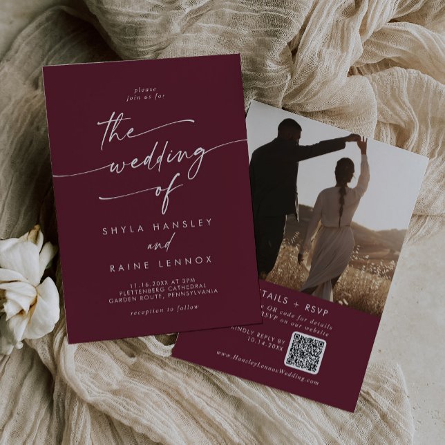 Invitación Moda Boho Borgoña Foto roja Boda de código QR (Subido por el creador)