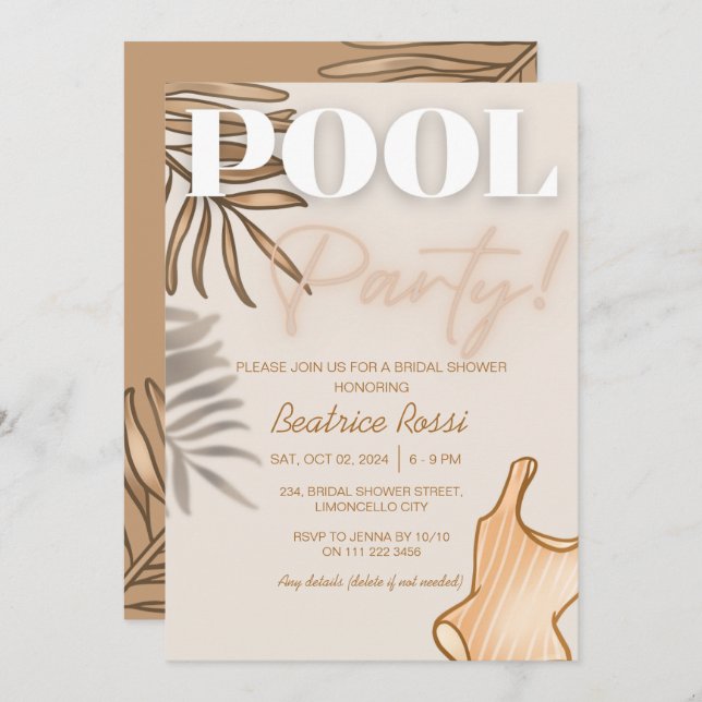Invitación Moda Boho Bridal Shower Beige Pool Fiesta (Anverso / Reverso)