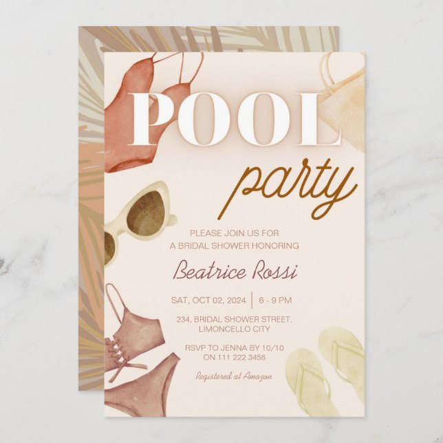 Invitación Moda Boho Bridal Shower Beige Pool Fiesta (Anverso / Reverso)