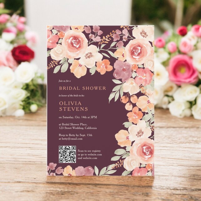 Invitación Moda Boho caída durazno plum qr código ducha de no (Boho rustic fall peach blush qr code bridal shower invitation)