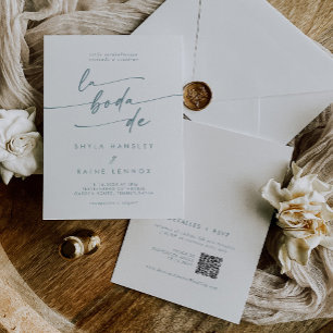 Invitación Moda Boho Código QR Verde azulado y blanco Boda es