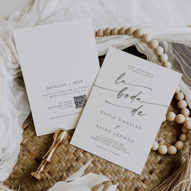 Invitación Moda Boho Código QR verde y blanco Boda español (Subido por el creador)