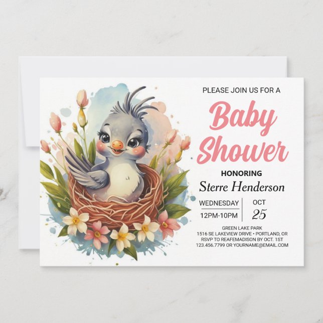 Invitación Moda Boho Cute Bird Baby Shower (Anverso)
