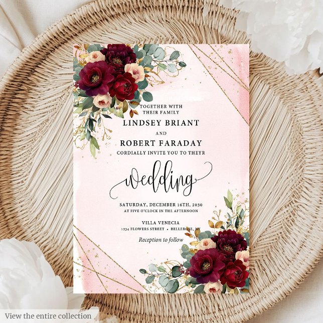 Invitación Moda Boho Dark Red Gold Boda de flores Rubor (Chic Boho Dark Red Gold Blush Flowers Wedding Invitation)