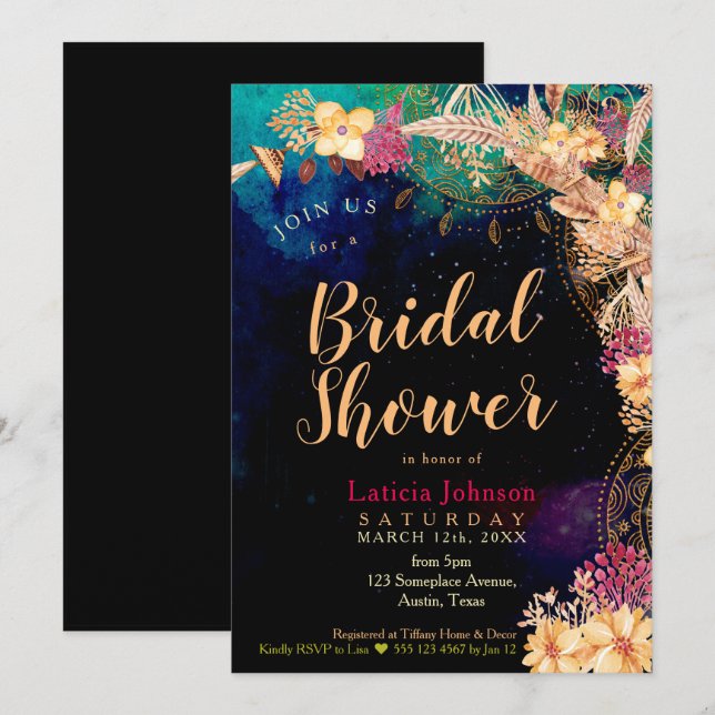 Invitación Moda Boho Ducha de novias Floral y plumas bohemias (Anverso / Reverso)