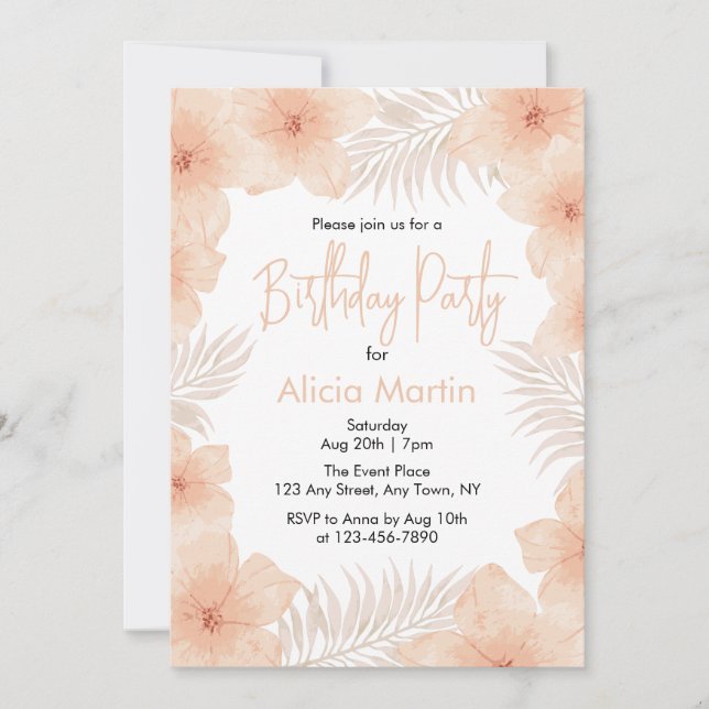 Invitación Moda Boho Dusty Rubor Flor Palm Leaf Cumpleaños (Anverso)