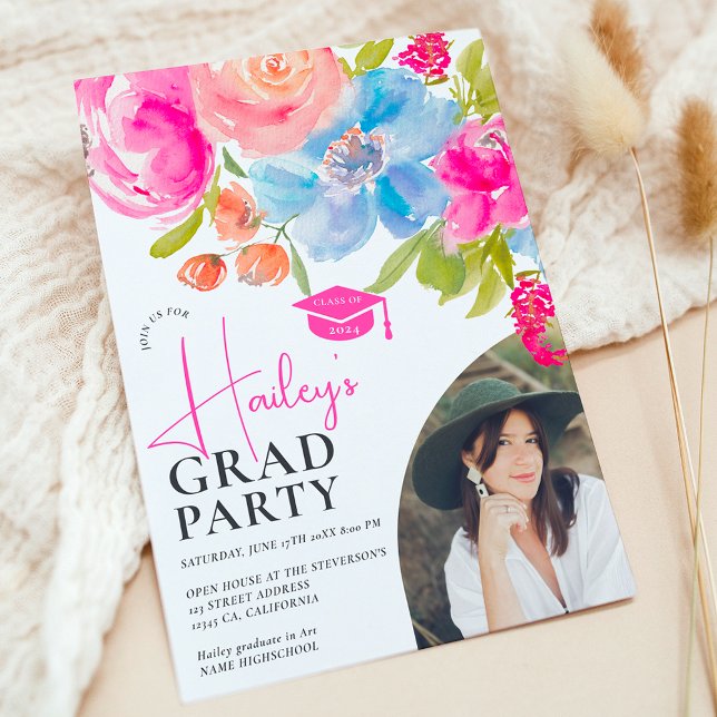 Invitación Moda Boho floral acuarela foto graduación 2024 (Boho chic floral watercolor photo graduation 2024 invitation)